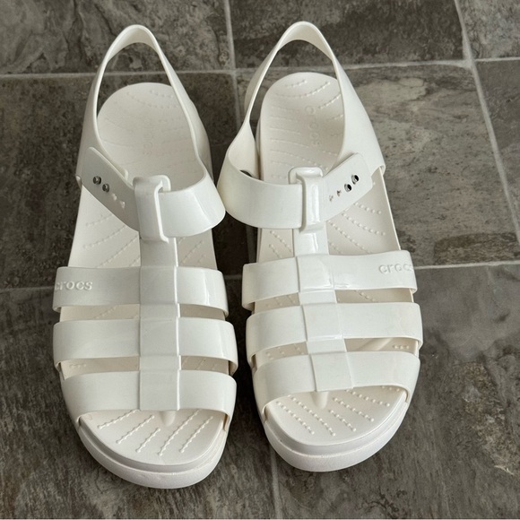 Crocs White Fisherman Jelly Sandals Sz 10 Splash Glossy Coastal Nautical Comfort - Picture 9 of 11